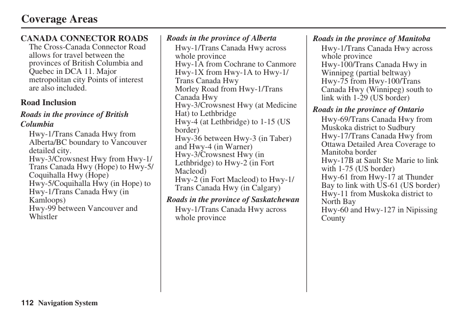 Coverage areas | HONDA 2008 Pilot Navigation User Manual | Page 113 / 138