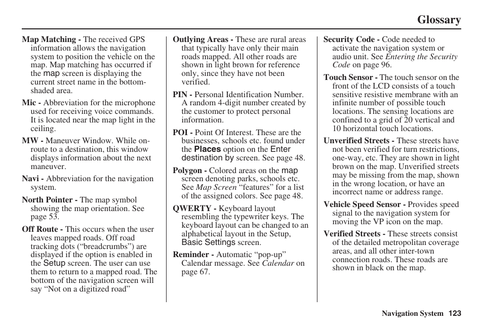 Glossary | HONDA 2008 Pilot Navigation User Manual | Page 124 / 138