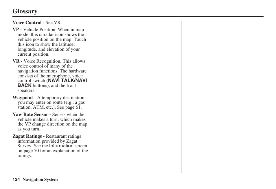 Glossary | HONDA 2008 Pilot Navigation User Manual | Page 125 / 138