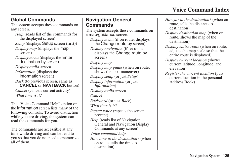 Voice command index | HONDA 2008 Pilot Navigation User Manual | Page 126 / 138