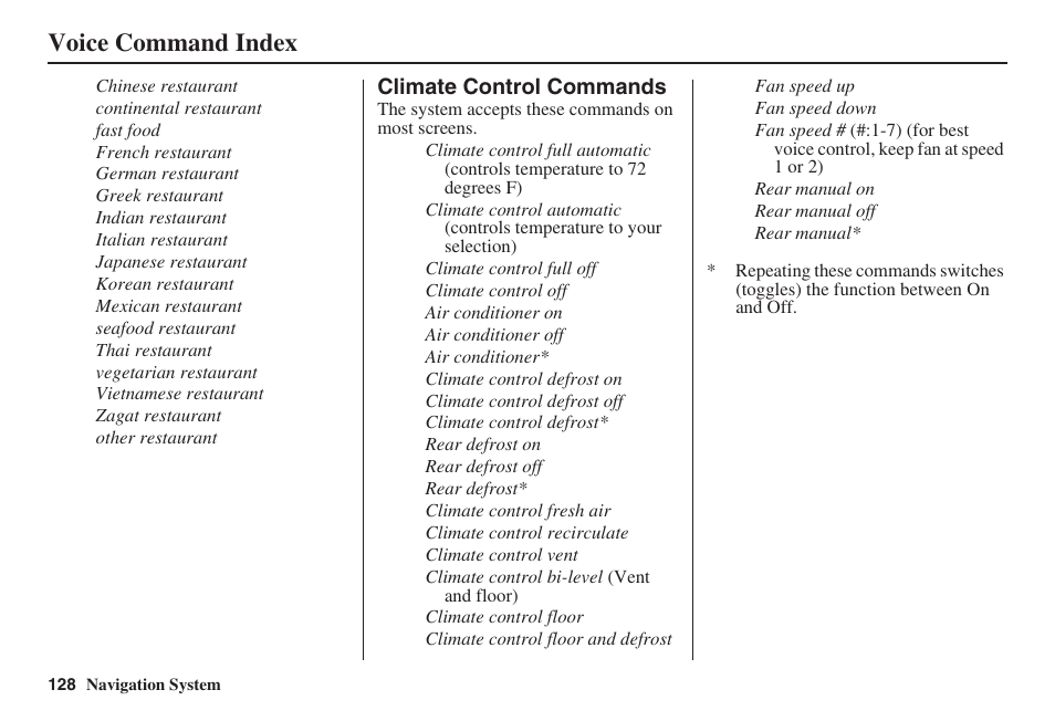 Voice command index | HONDA 2008 Pilot Navigation User Manual | Page 129 / 138