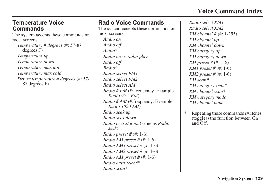 Voice command index | HONDA 2008 Pilot Navigation User Manual | Page 130 / 138