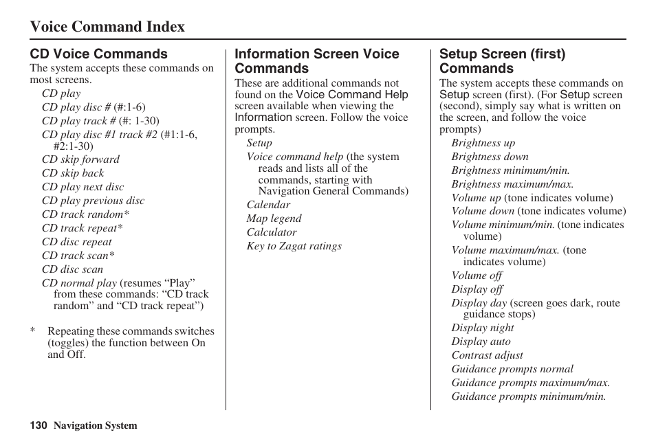 Voice command index | HONDA 2008 Pilot Navigation User Manual | Page 131 / 138