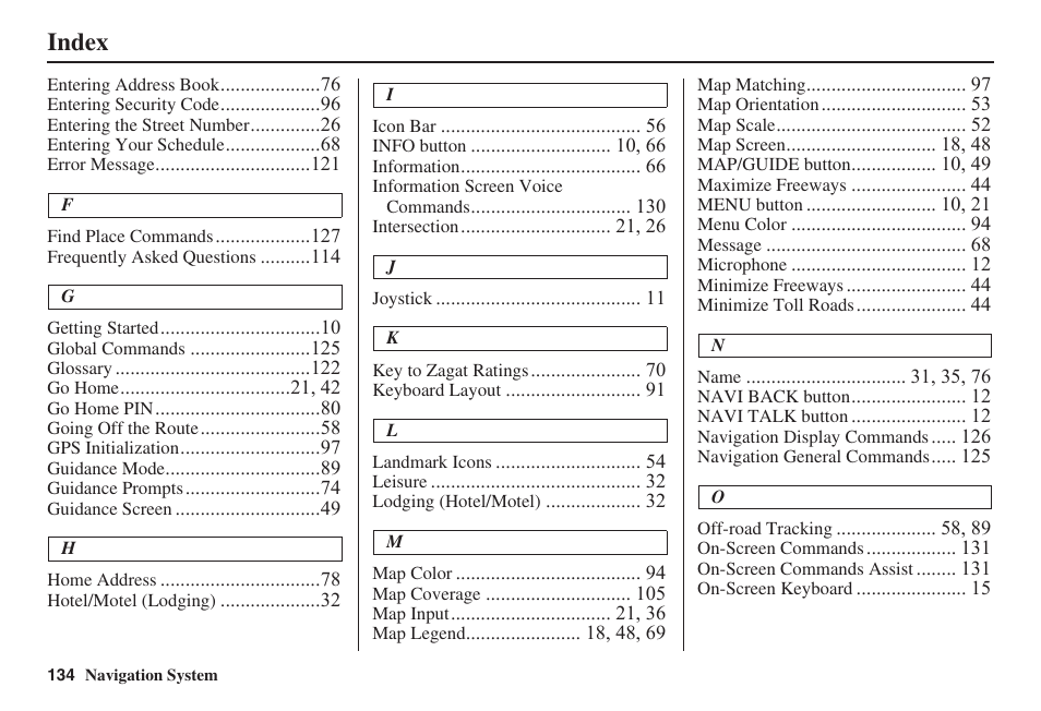Index | HONDA 2008 Pilot Navigation User Manual | Page 135 / 138
