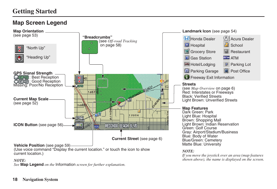 Getting started, Map screen legend | HONDA 2008 Pilot Navigation User Manual | Page 19 / 138