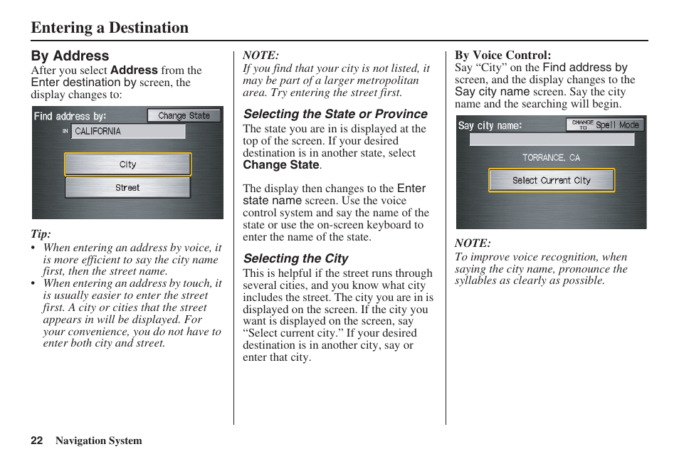 Entering a destination | HONDA 2008 Pilot Navigation User Manual | Page 23 / 138