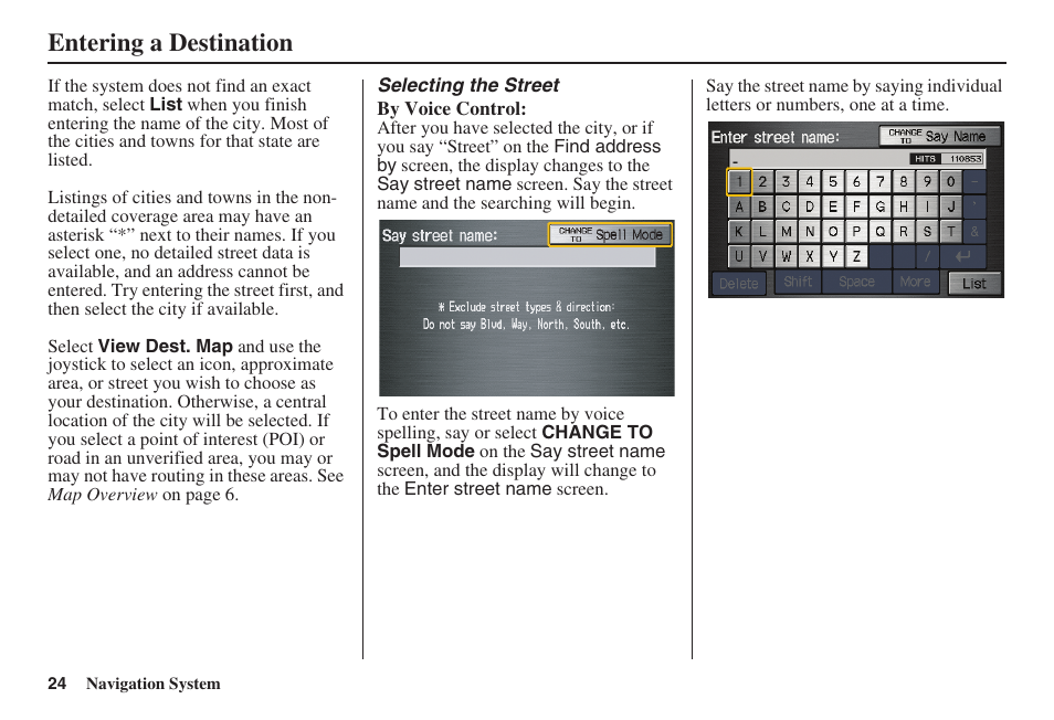 Entering a destination | HONDA 2008 Pilot Navigation User Manual | Page 25 / 138