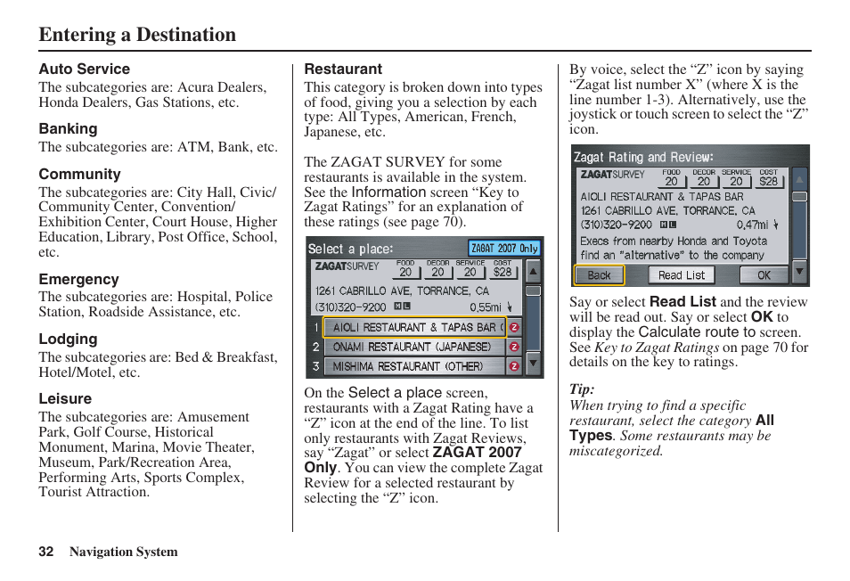 Entering a destination | HONDA 2008 Pilot Navigation User Manual | Page 33 / 138