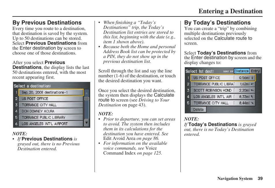 Entering a destination | HONDA 2008 Pilot Navigation User Manual | Page 40 / 138