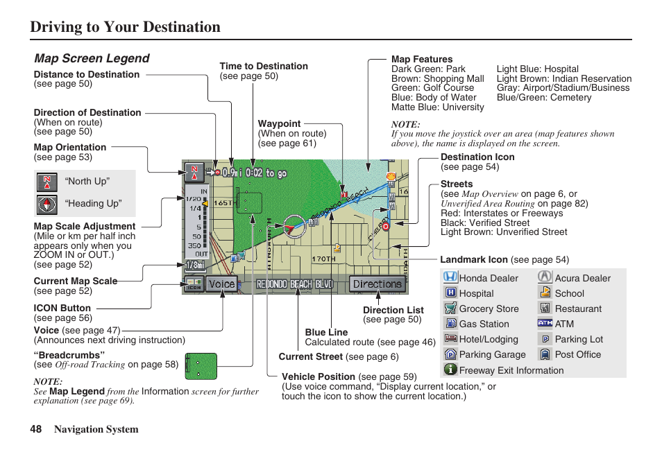 Driving to your destination, Map screen legend | HONDA 2008 Pilot Navigation User Manual | Page 49 / 138