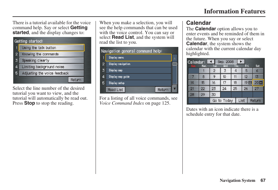 Information features | HONDA 2008 Pilot Navigation User Manual | Page 68 / 138