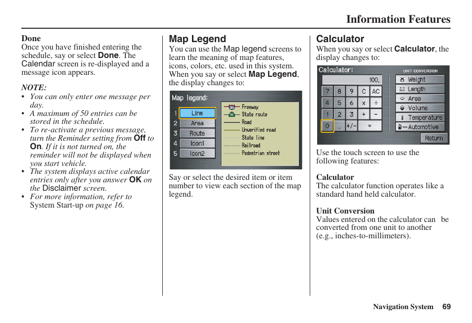 Information features | HONDA 2008 Pilot Navigation User Manual | Page 70 / 138