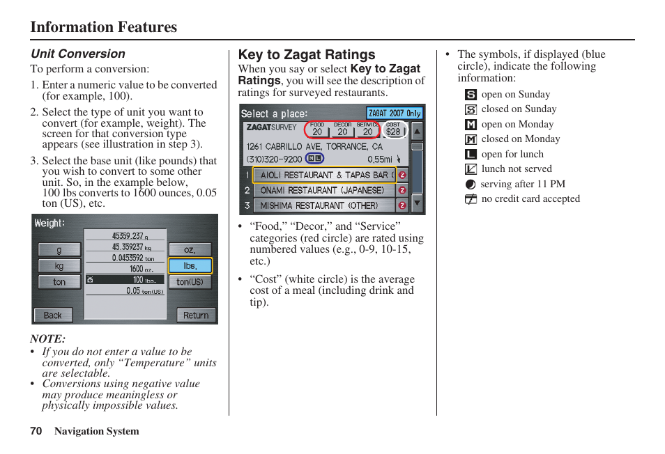 Information features | HONDA 2008 Pilot Navigation User Manual | Page 71 / 138