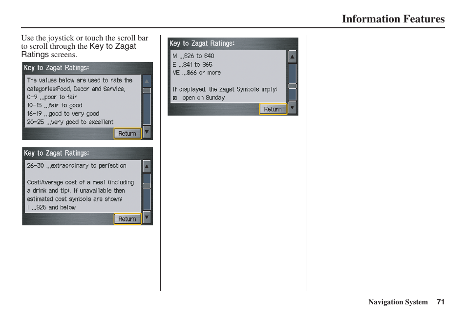 Information features | HONDA 2008 Pilot Navigation User Manual | Page 72 / 138