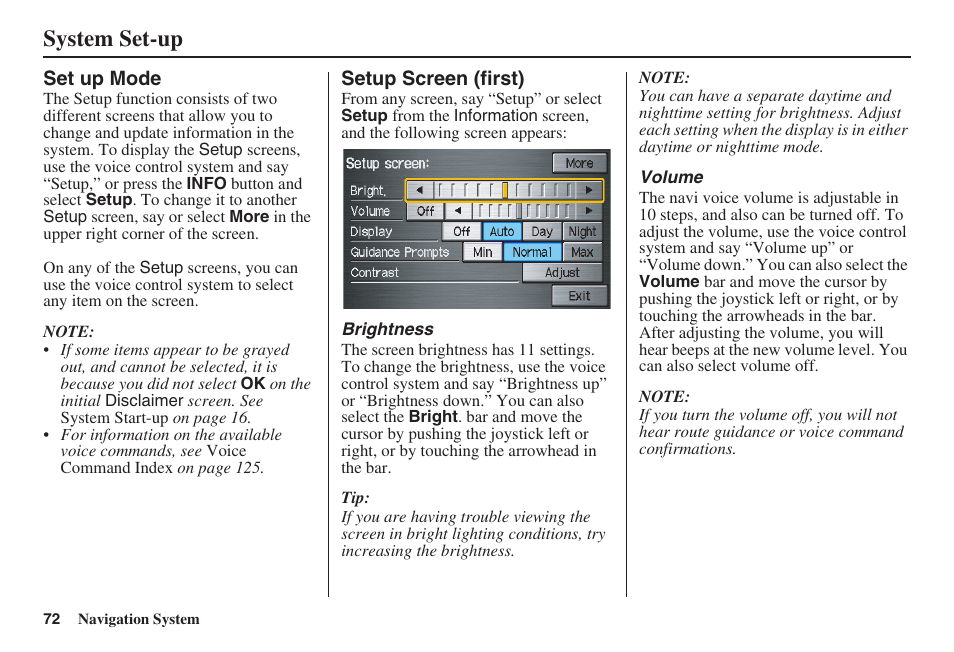 System set-up | HONDA 2008 Pilot Navigation User Manual | Page 73 / 138