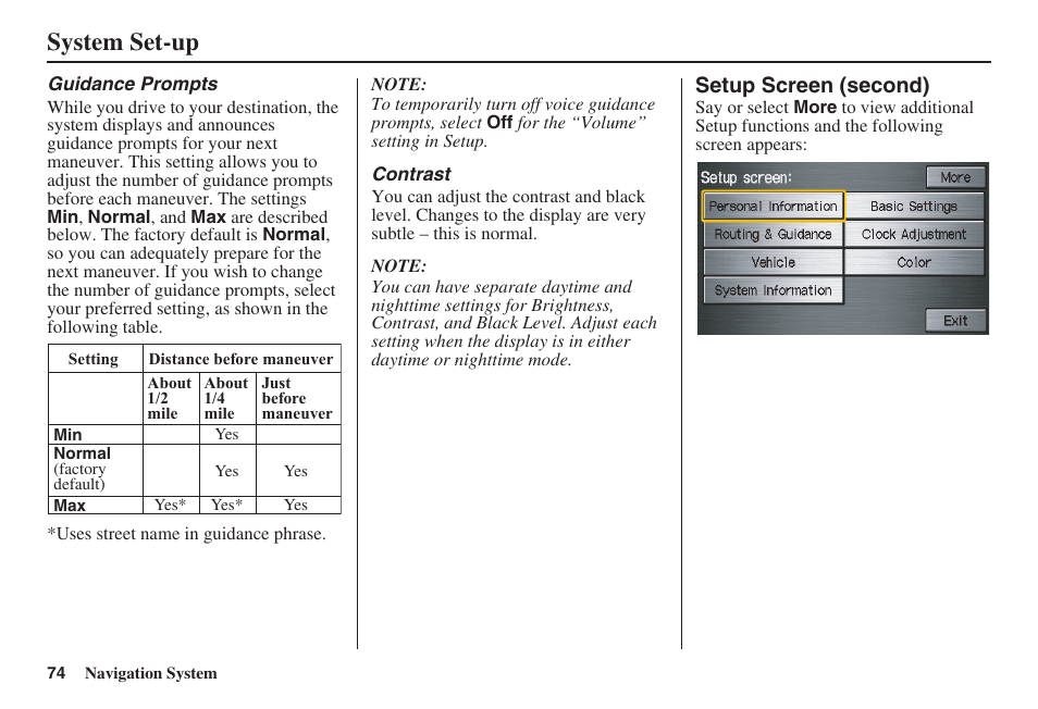 System set-up | HONDA 2008 Pilot Navigation User Manual | Page 75 / 138