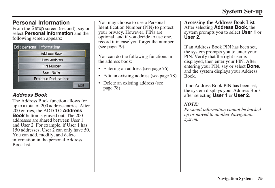 System set-up | HONDA 2008 Pilot Navigation User Manual | Page 76 / 138