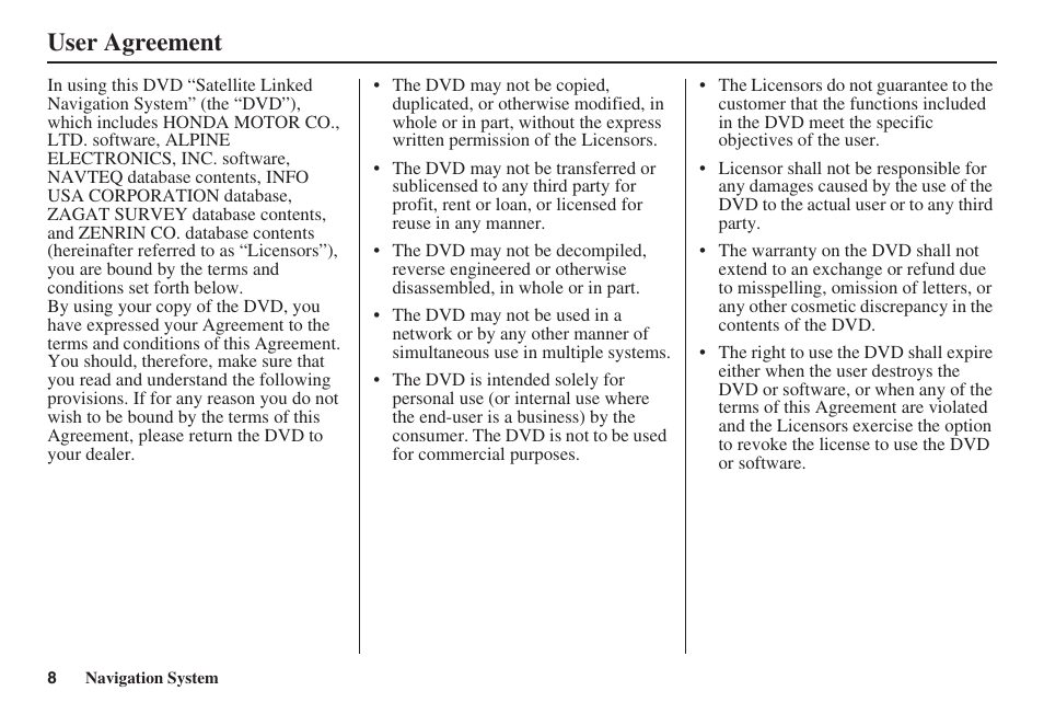 User agreement | HONDA 2008 Pilot Navigation User Manual | Page 9 / 138