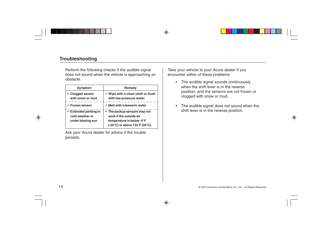 HONDA Backup Sensors RL User Manual | Page 14 / 16