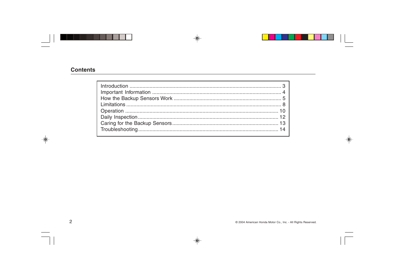 HONDA Backup Sensors RL User Manual | Page 2 / 16