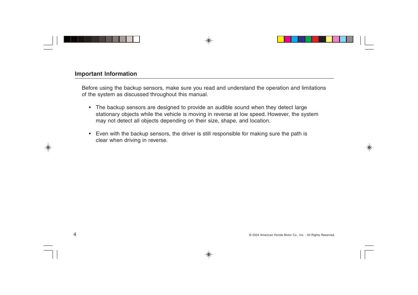 HONDA Backup Sensors RL User Manual | Page 4 / 16