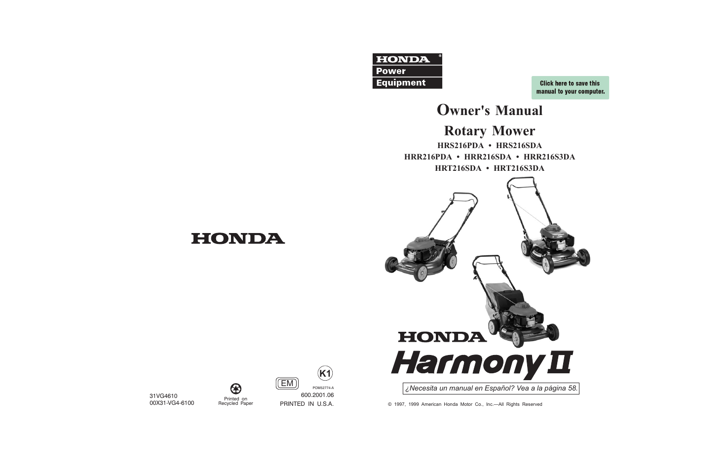 HONDA HRR216PDA User Manual | 67 pages