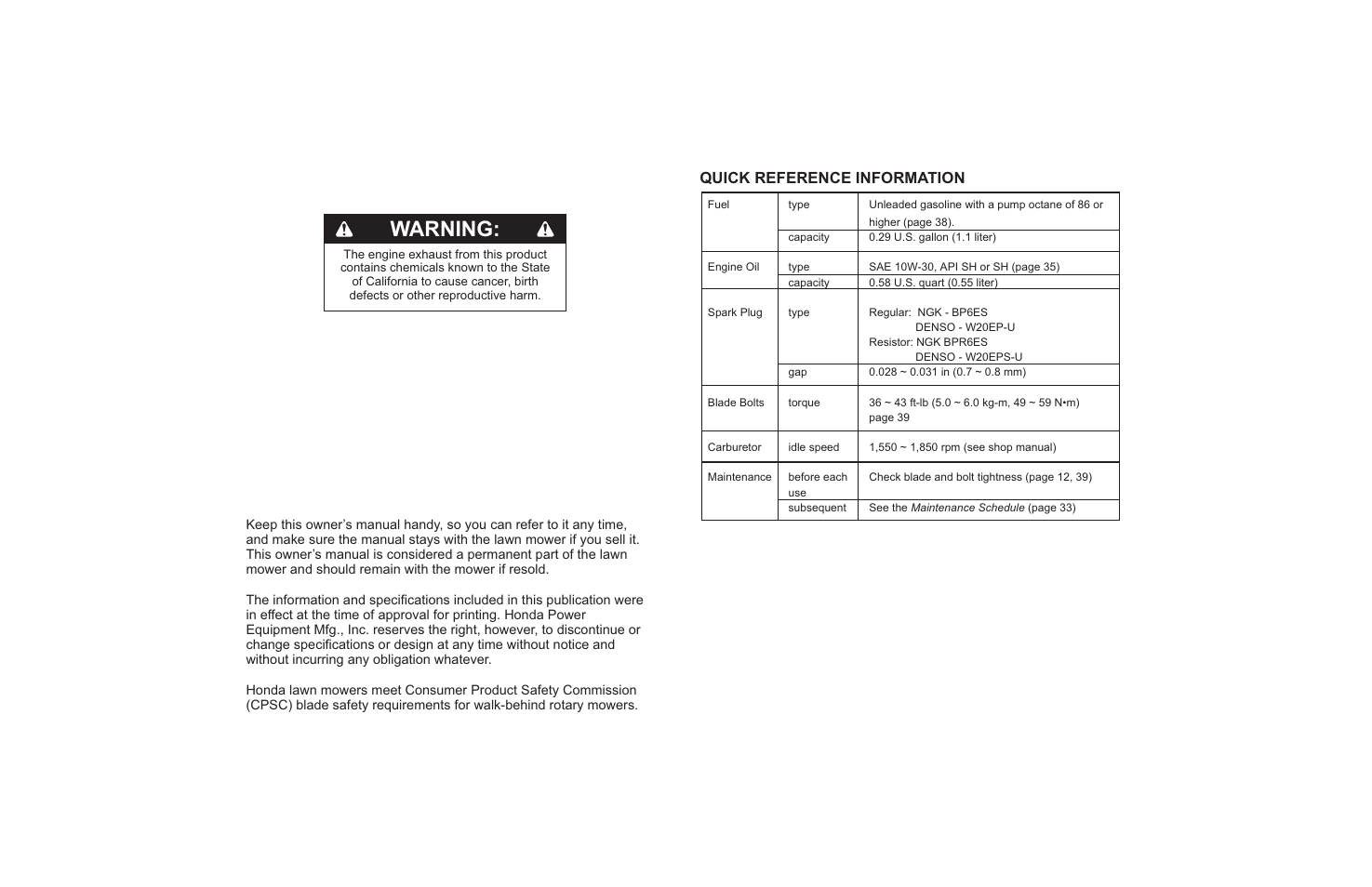 Quick reference information, Warning | HONDA HRR216PDA User Manual | Page 66 / 67