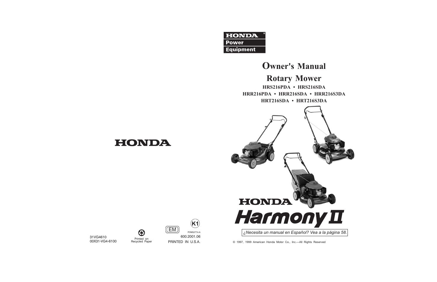 Wner's manual rotary mower | HONDA HRR216PDA User Manual | Page 67 / 67