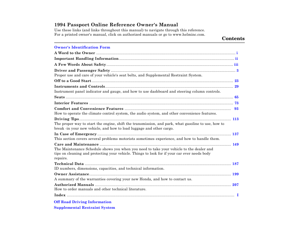 HONDA 1994 Passport User Manual | 1 page