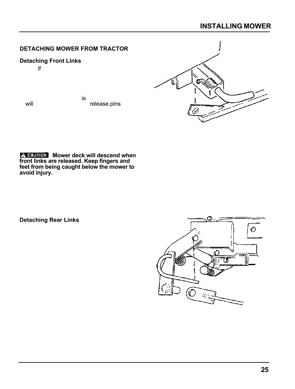 Detaching mower from tractor, Installing mower | HONDA MM60 User Manual | Page 26 / 59