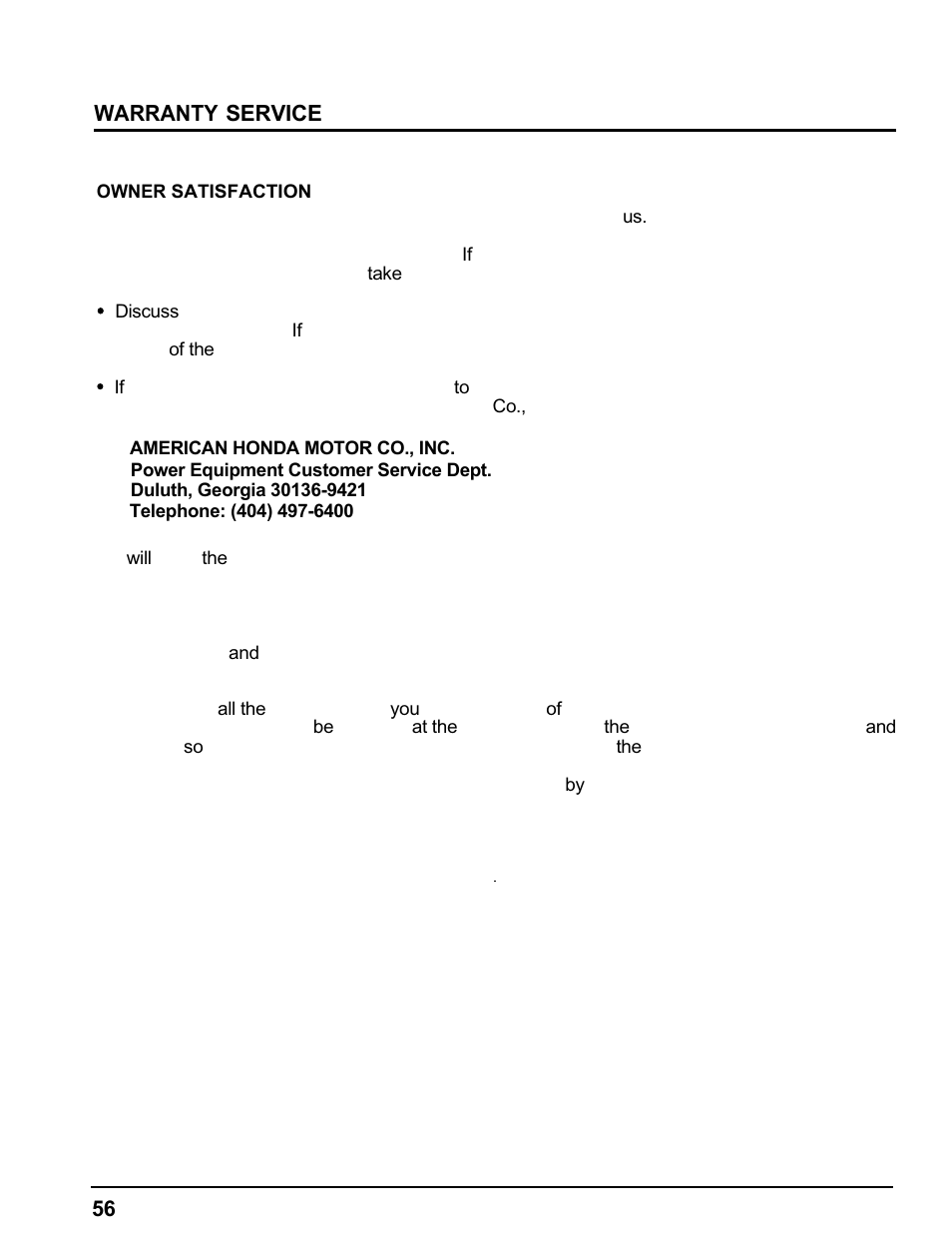 Warranty service | HONDA MM60 User Manual | Page 57 / 59