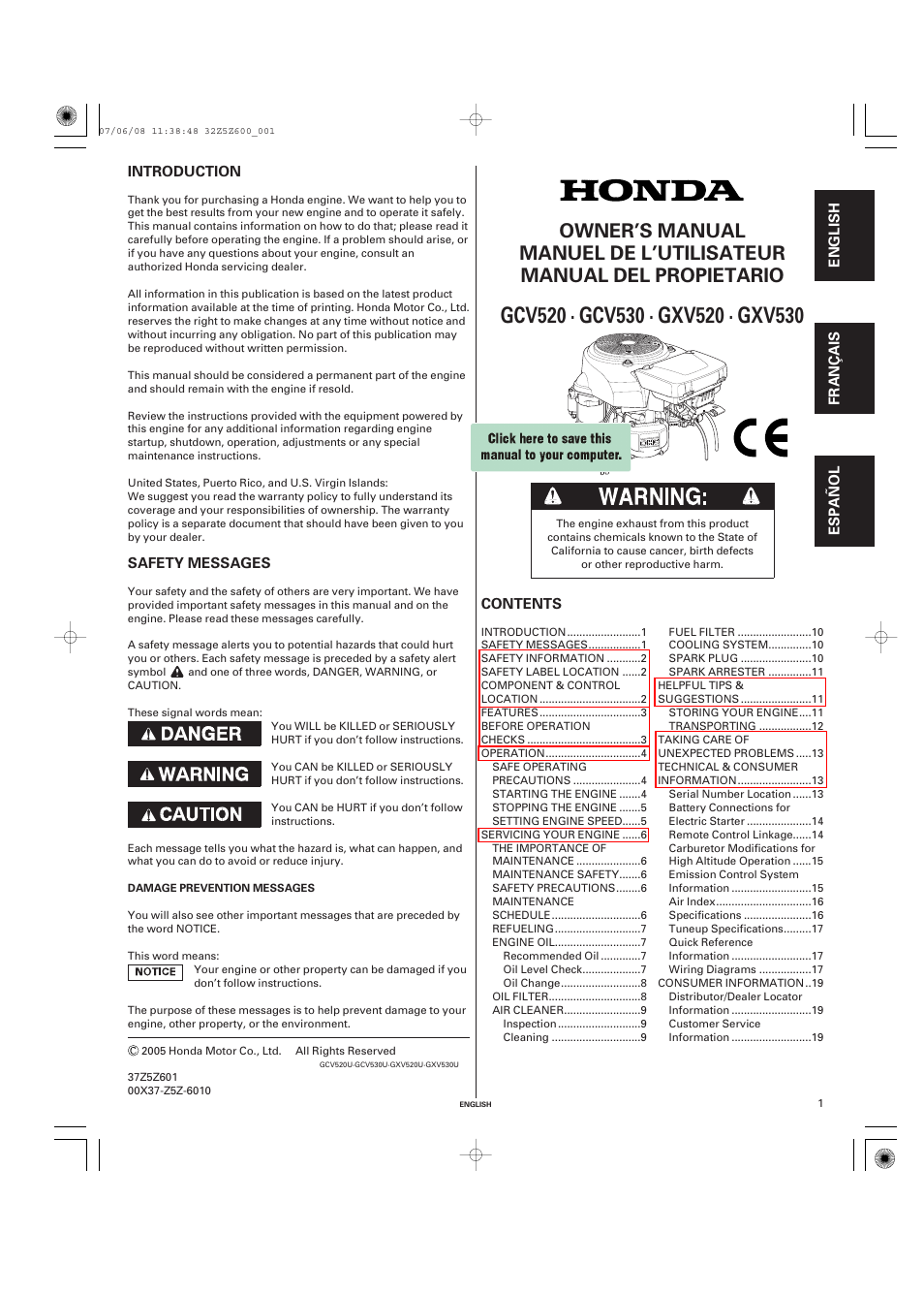 HONDA GCV520 User Manual | 58 pages