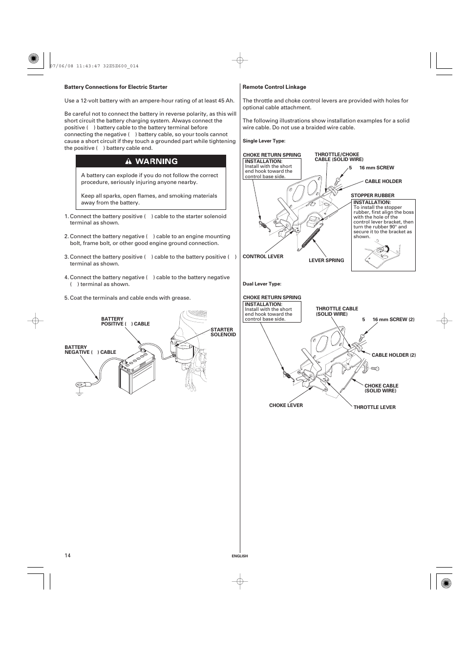 Battery connections for electric starter, Remote control linkage | HONDA GCV520 User Manual | Page 14 / 58