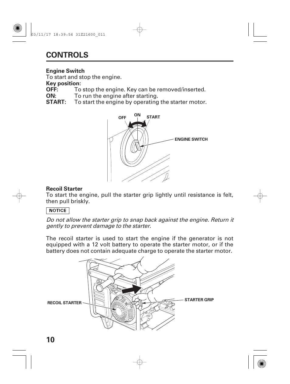 Engine switch, Recoil starter, Controls | 10 controls | HONDA EM3800SX User Manual | Page 12 / 71