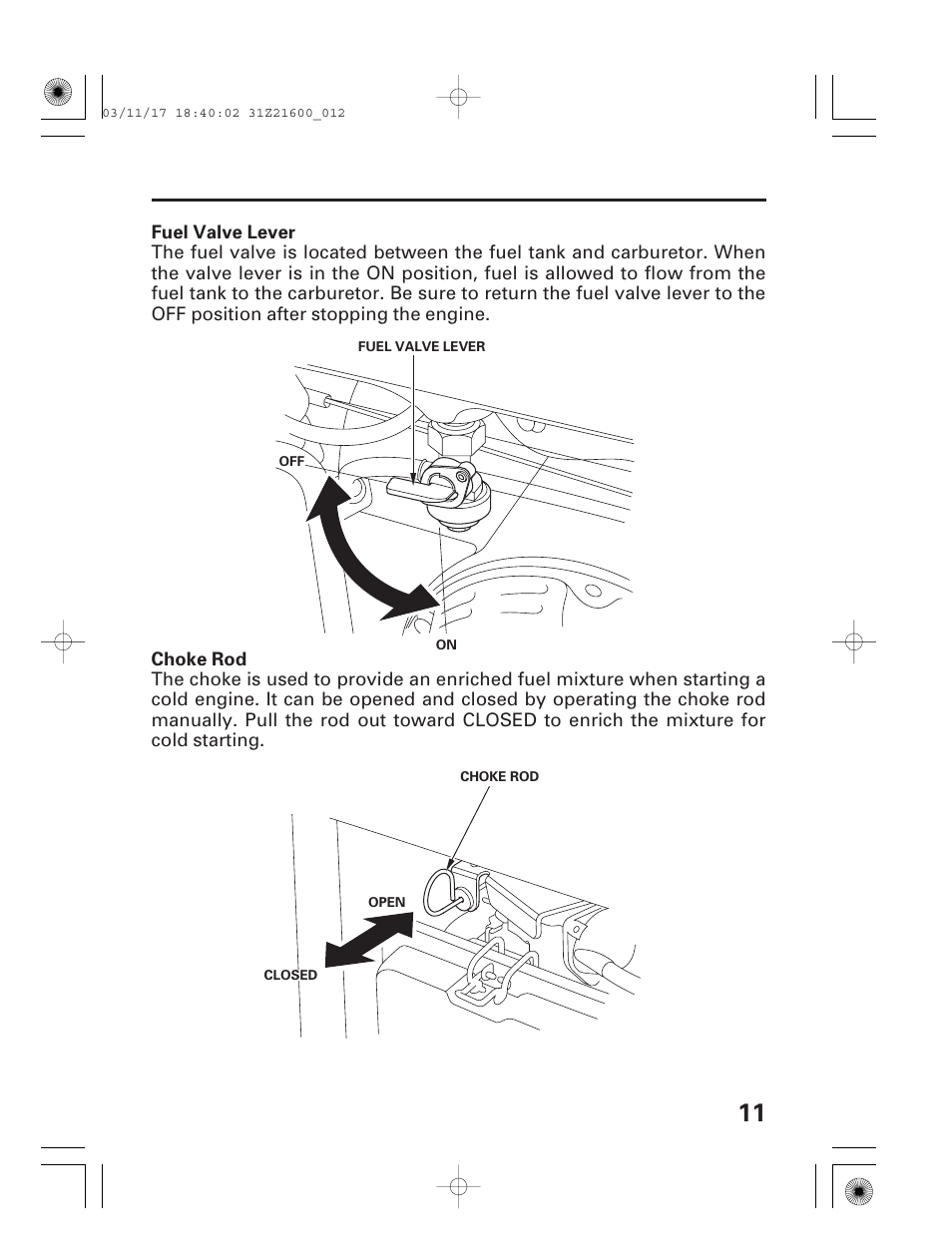 Fuel valve lever, Choke rod, Fuel valve lever choke rod | HONDA EM3800SX User Manual | Page 13 / 71