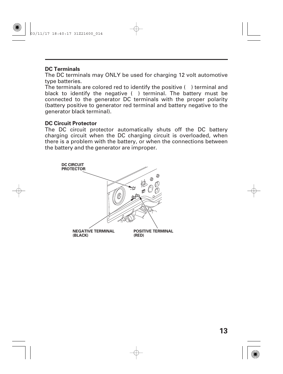 Dc terminals, Dc circuit protector | HONDA EM3800SX User Manual | Page 15 / 71