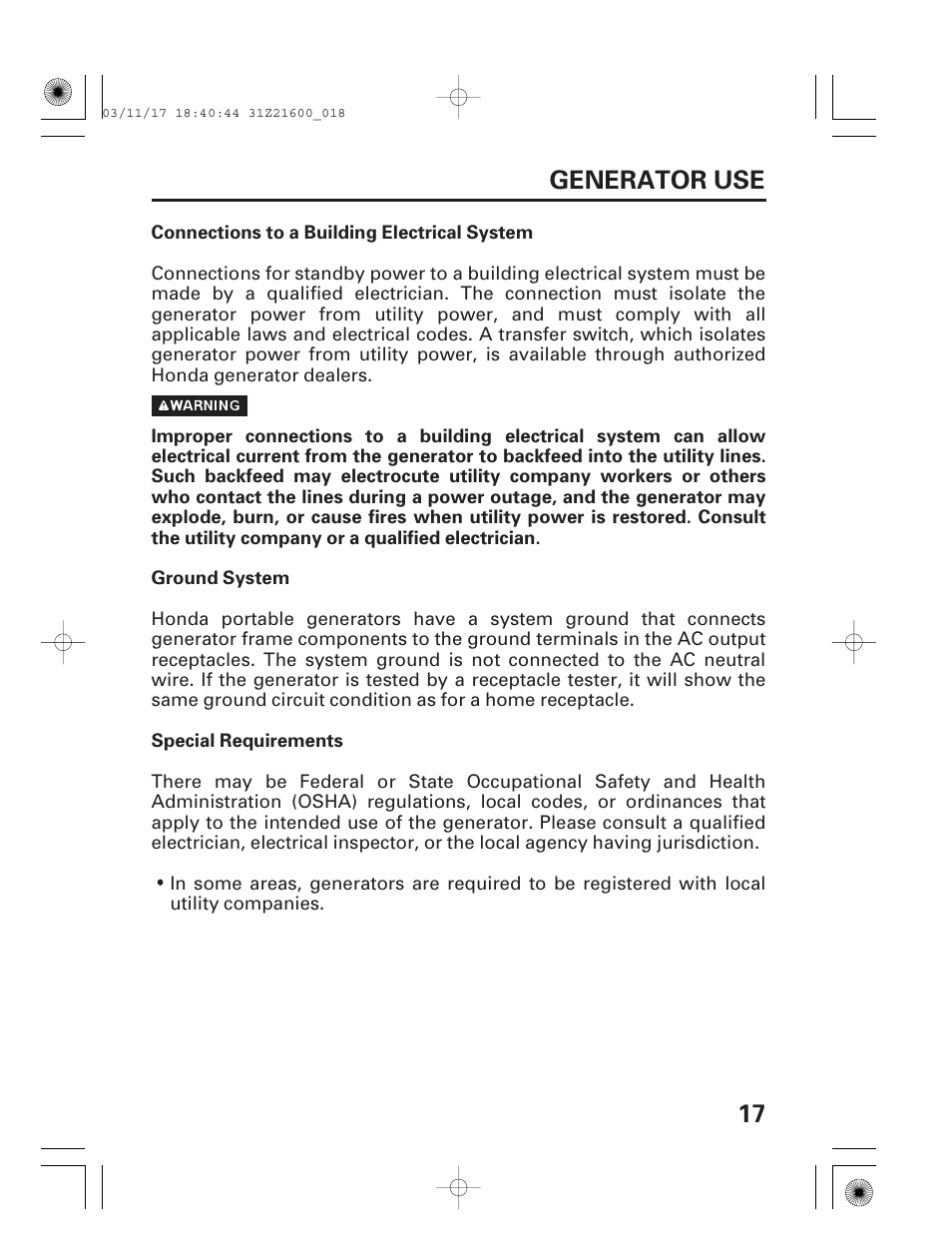 Generator use, Connections to a building electrical system, 17 generator use | HONDA EM3800SX User Manual | Page 19 / 71