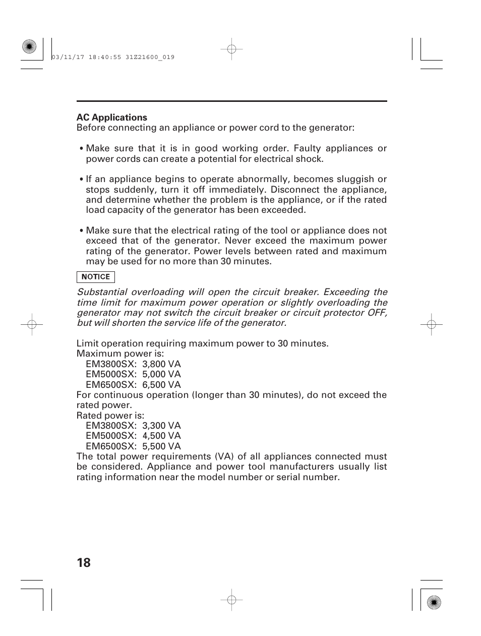 Ac applications | HONDA EM3800SX User Manual | Page 20 / 71