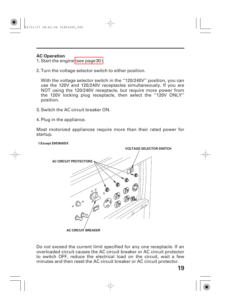 Ac operation | HONDA EM3800SX User Manual | Page 21 / 71