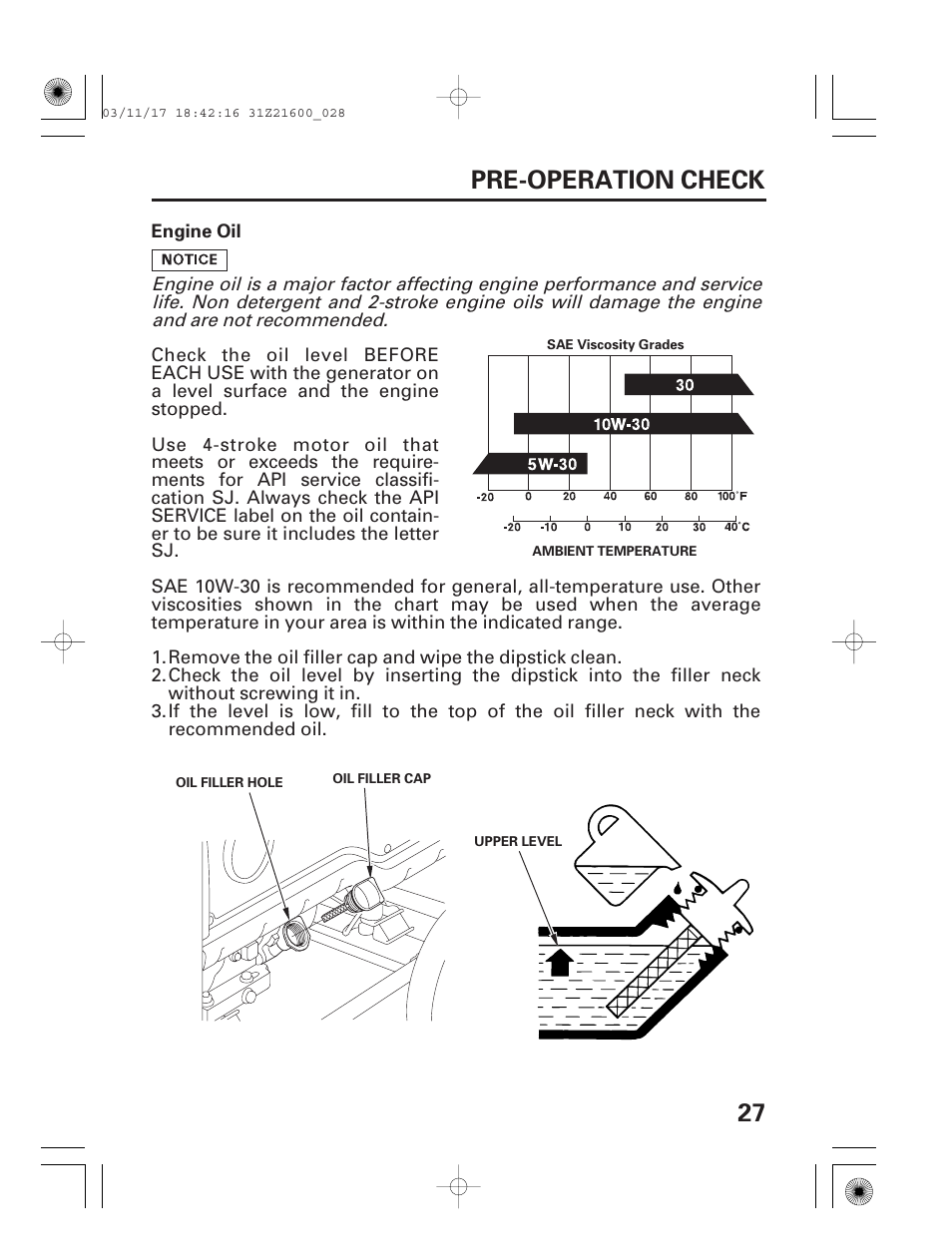 Engine oil, Pre-operation check, 27 pre-operation check | HONDA EM3800SX User Manual | Page 29 / 71