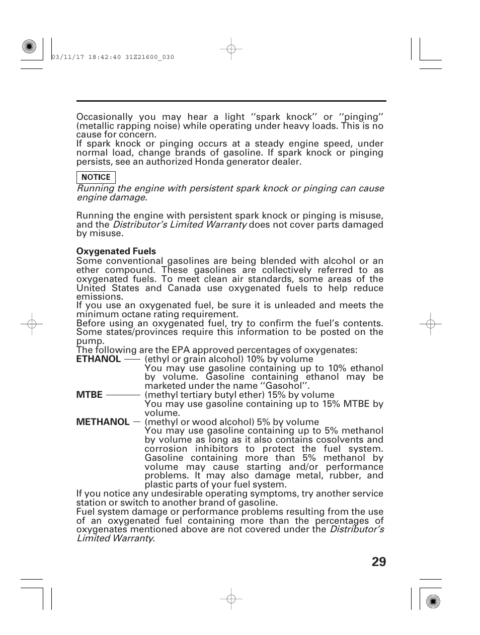 Oxygenated fuels | HONDA EM3800SX User Manual | Page 31 / 71