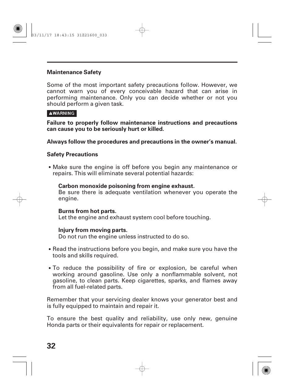 Maintenance safety, Safety precautions | HONDA EM3800SX User Manual | Page 34 / 71