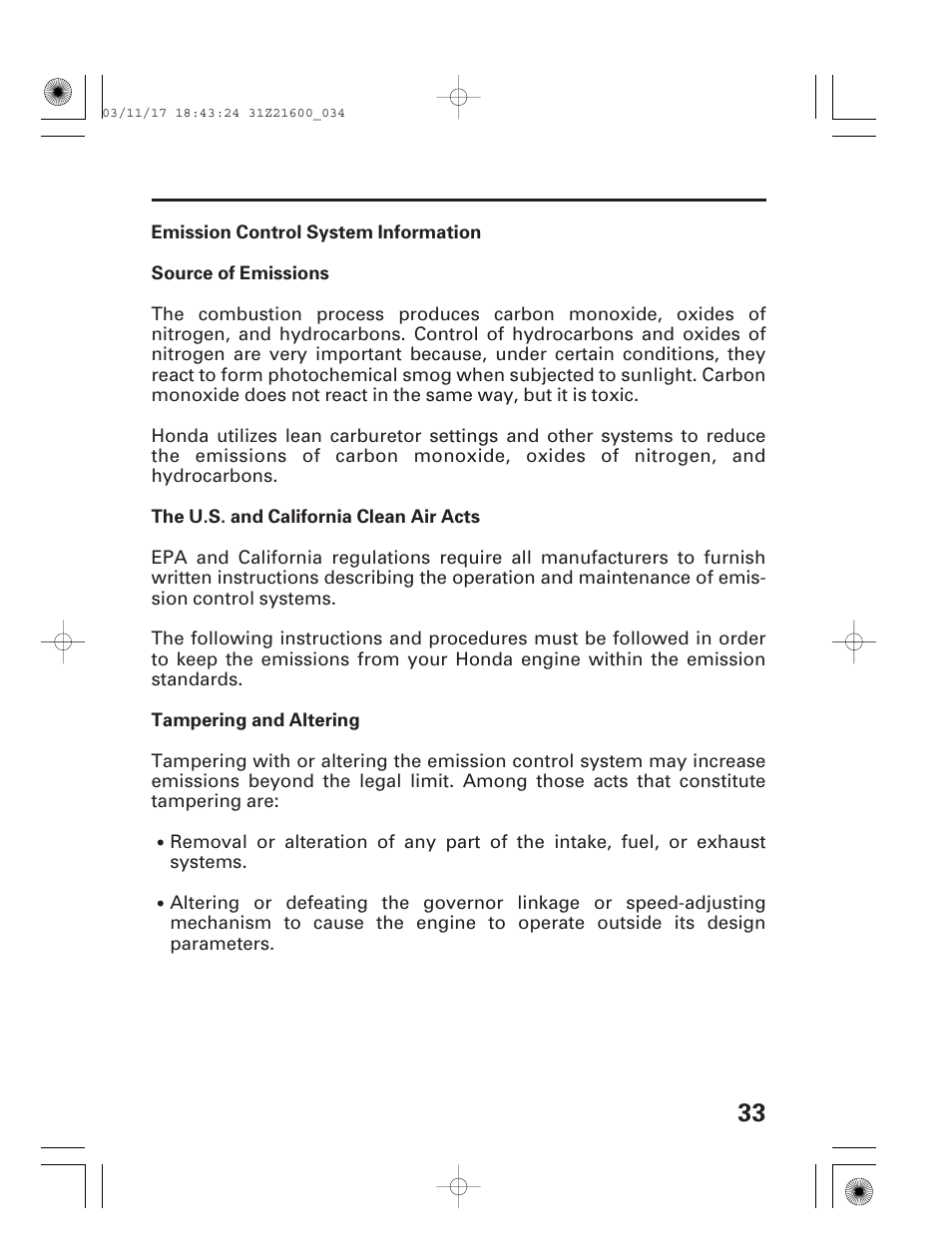 Emission control system information | HONDA EM3800SX User Manual | Page 35 / 71