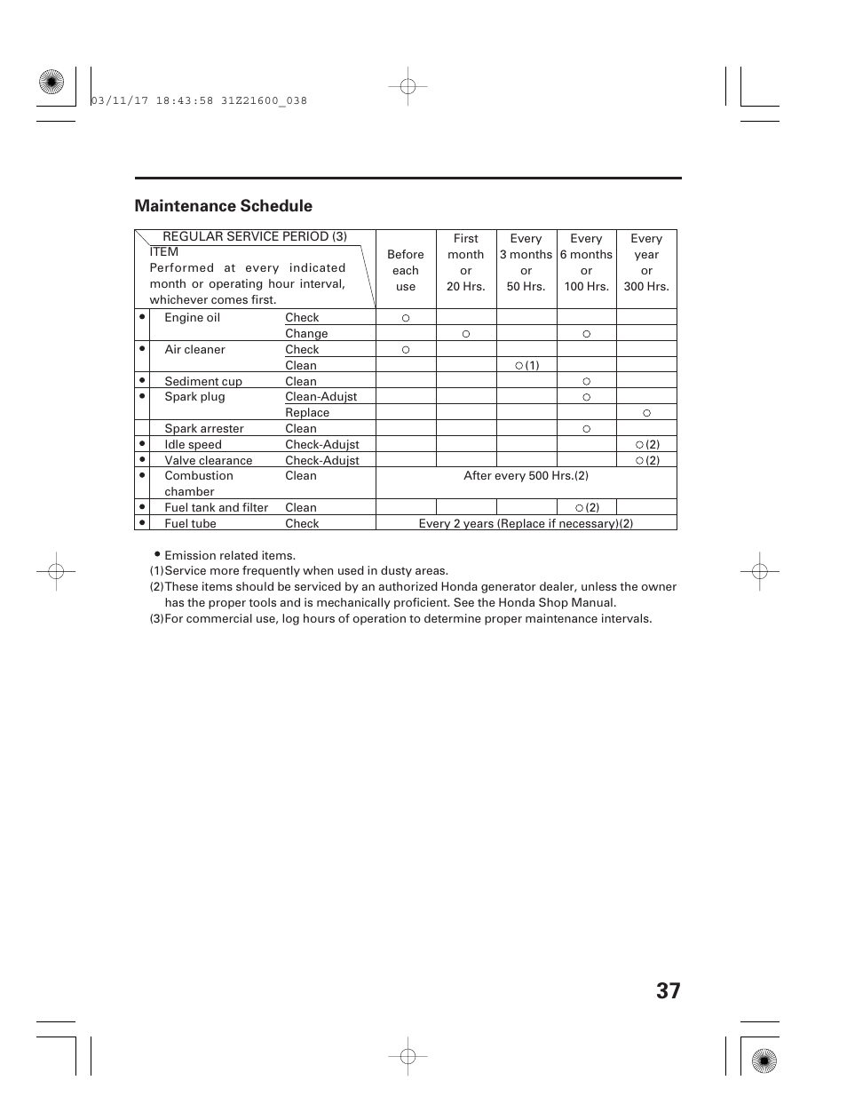 Maintenance schedule | HONDA EM3800SX User Manual | Page 39 / 71