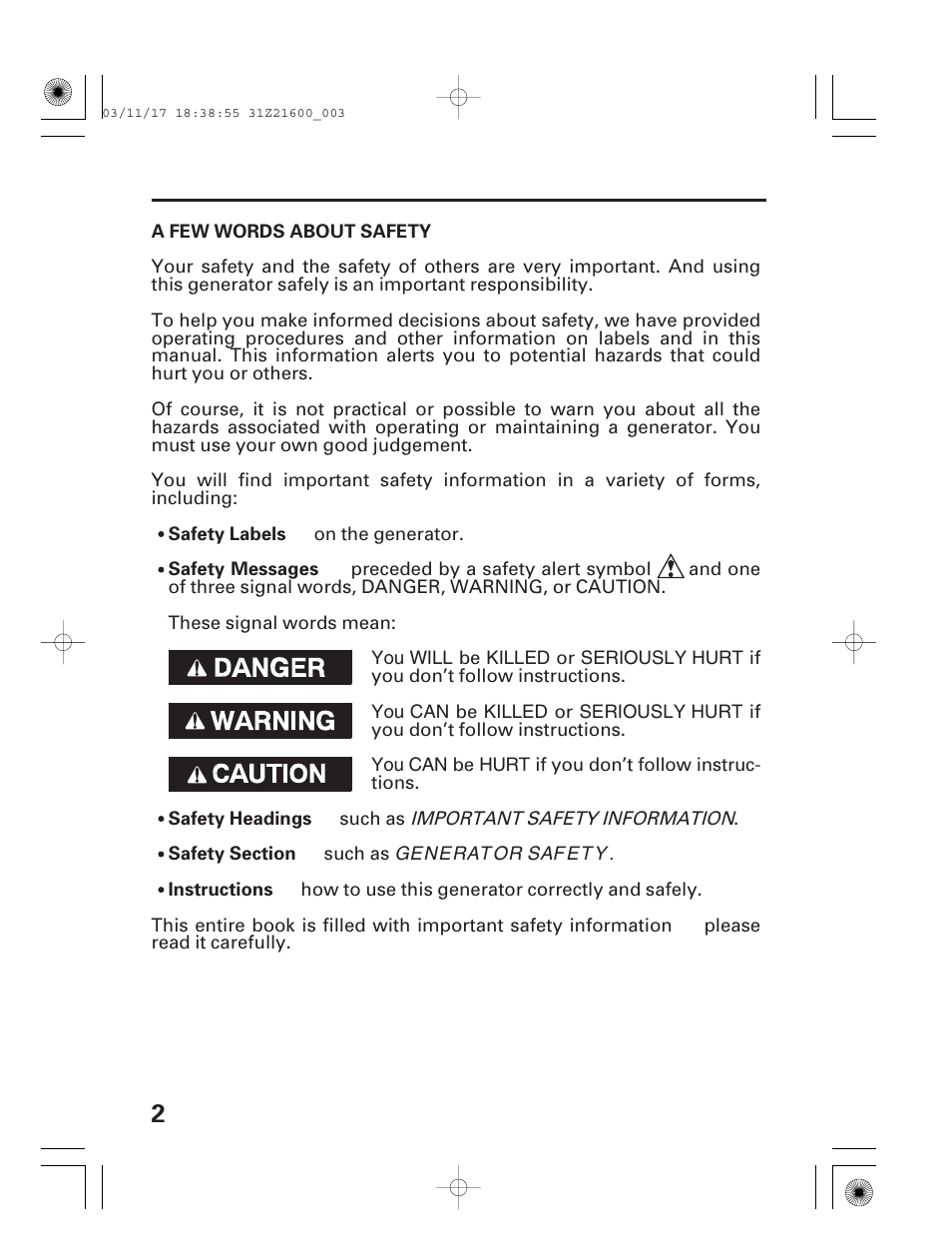 A few words about safety | HONDA EM3800SX User Manual | Page 4 / 71