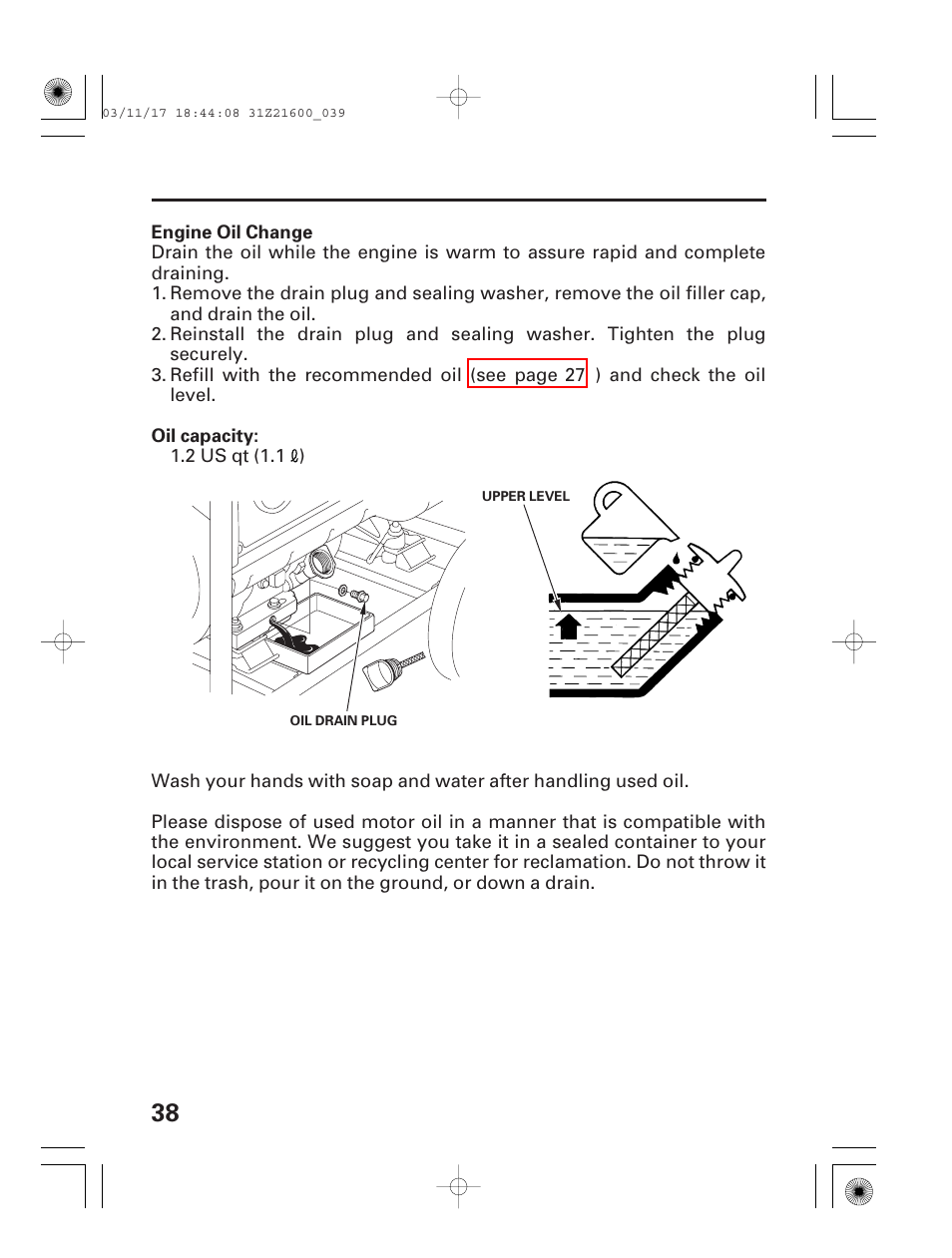 Engine oil change | HONDA EM3800SX User Manual | Page 40 / 71