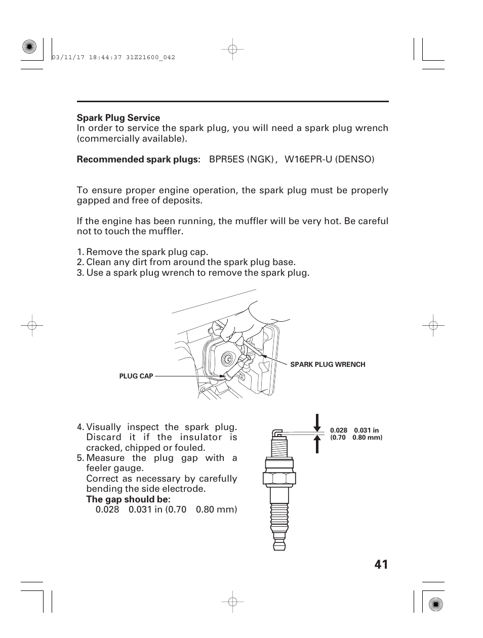 Spark plug service | HONDA EM3800SX User Manual | Page 43 / 71