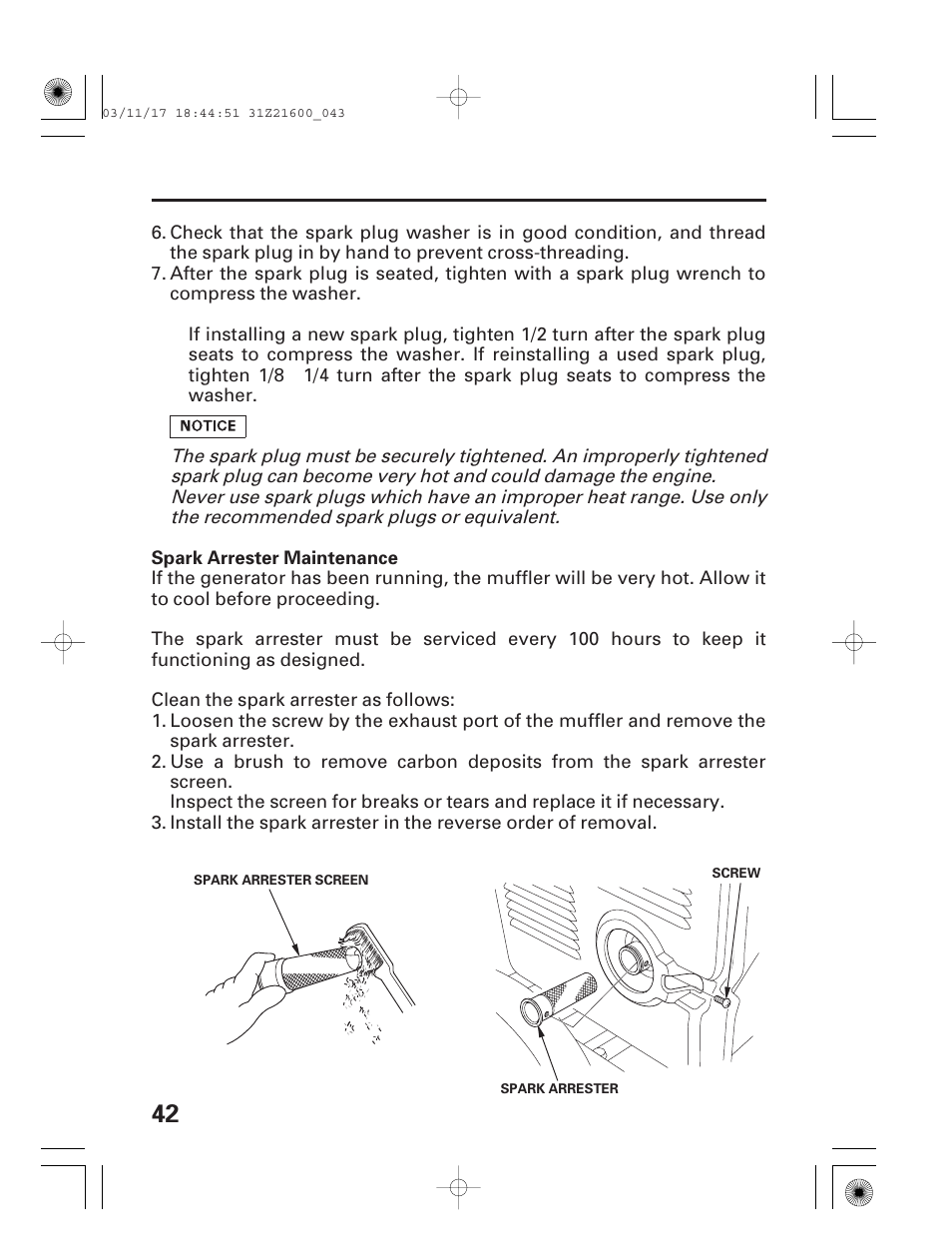 Spark arrester maintenance | HONDA EM3800SX User Manual | Page 44 / 71