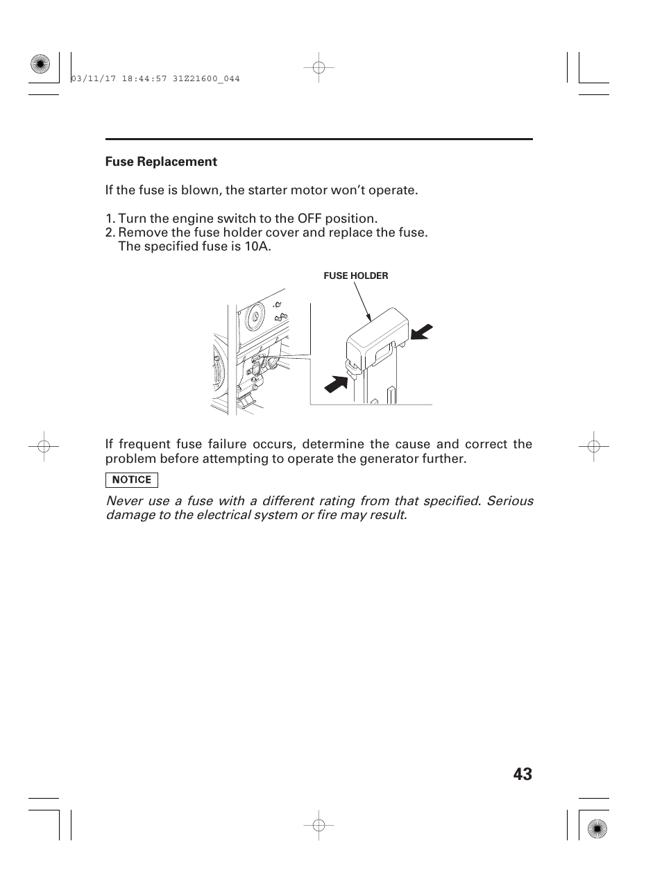 Fuse replacement | HONDA EM3800SX User Manual | Page 45 / 71