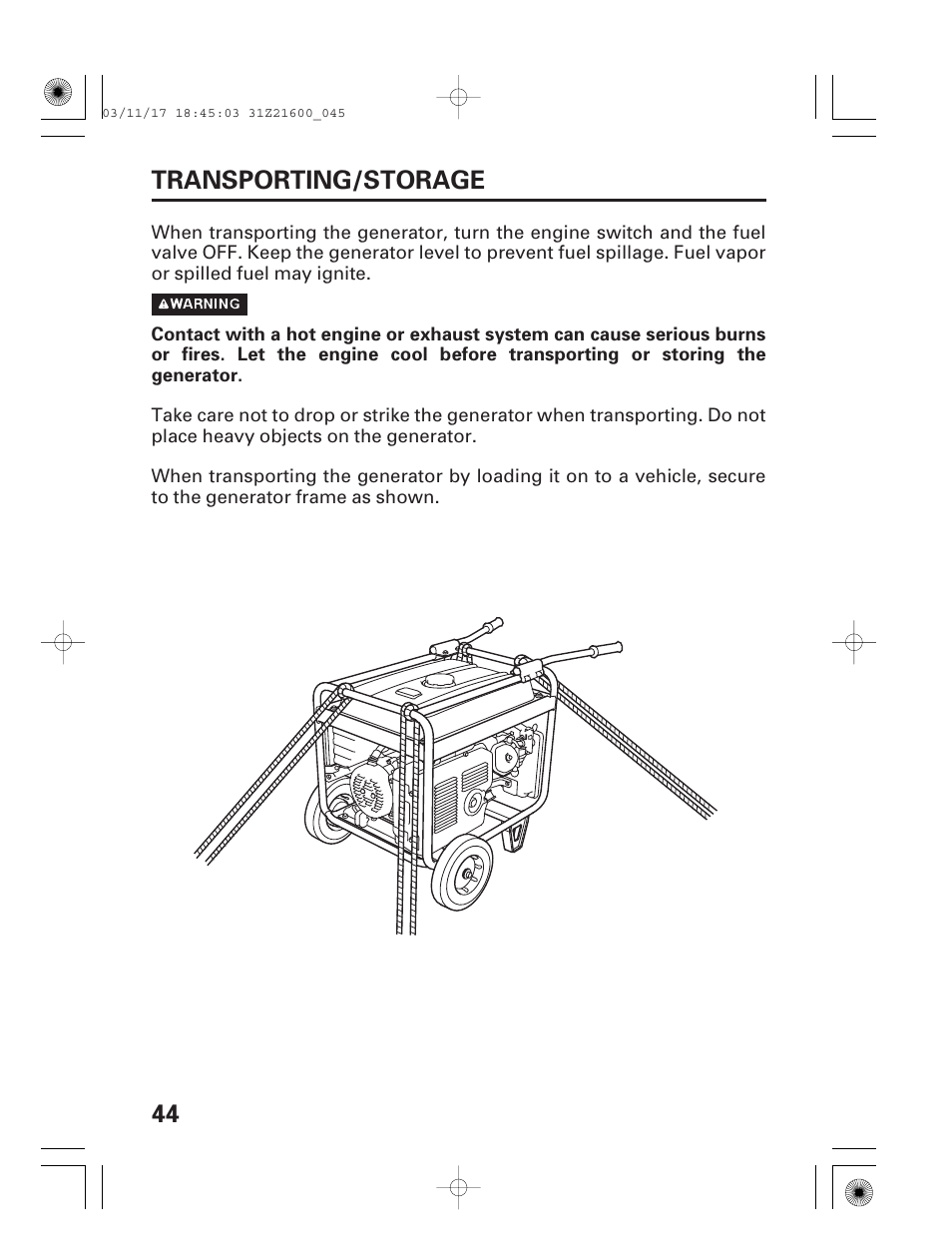 Transporting/storage, 44 transporting/storage | HONDA EM3800SX User Manual | Page 46 / 71